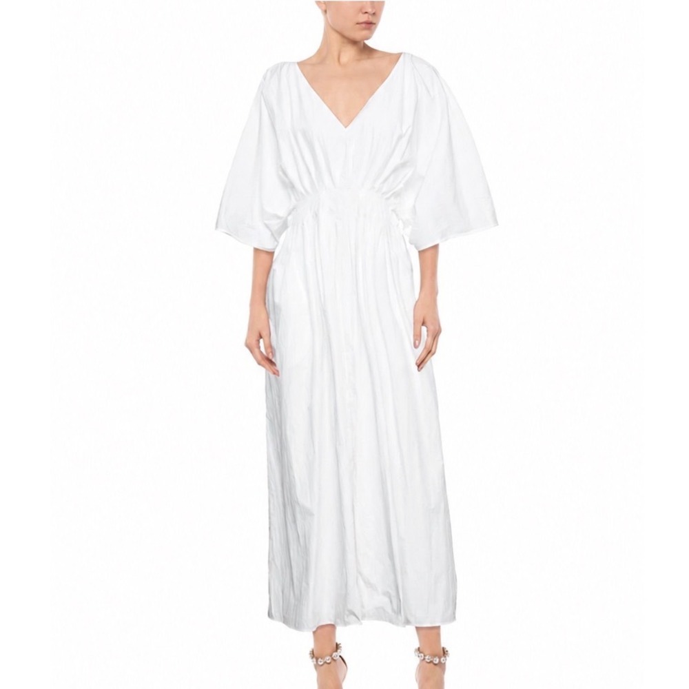 CO White Cotton Poplin V-Neck Kimono Sleeve Maxi Dress White Large